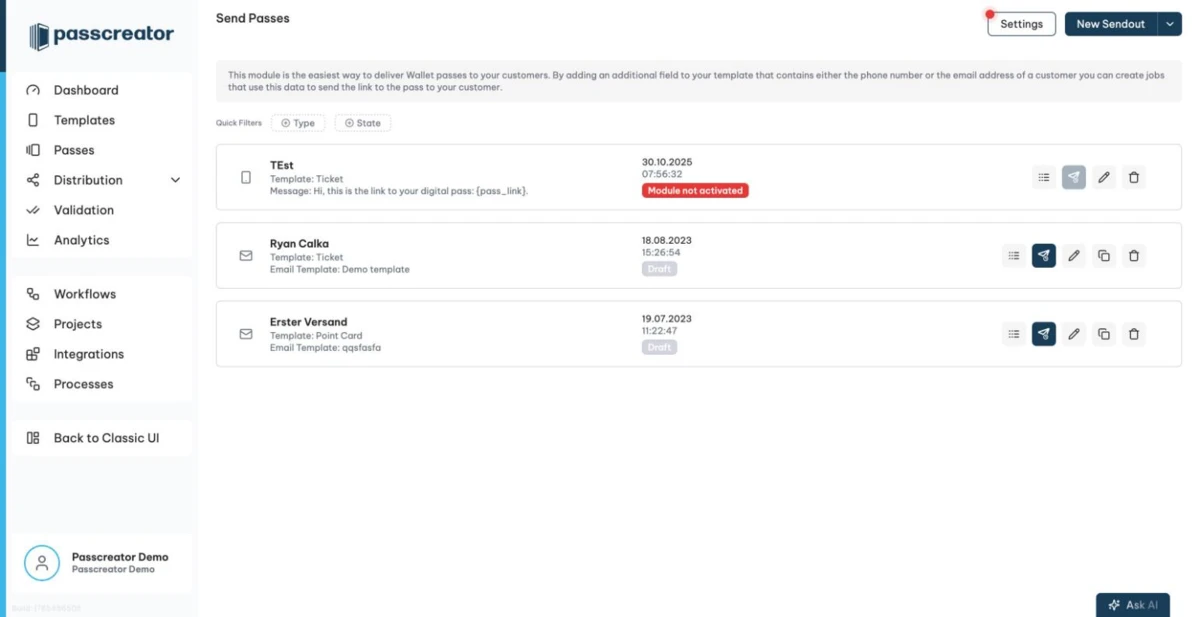 Send Passes list with sendout jobs and statuses