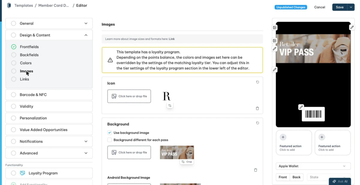 The Images section in the template editor with the image slots.