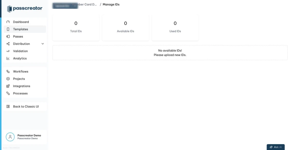 The Manage IDs page of a template.