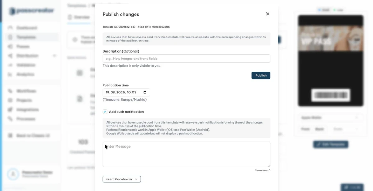 The push notification option in the Publish Changes modal with a live preview.