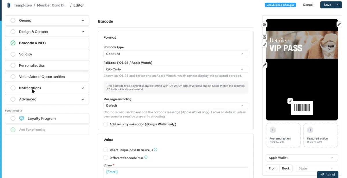 The Barcode & NFC section in the template editor with the barcode type selection.