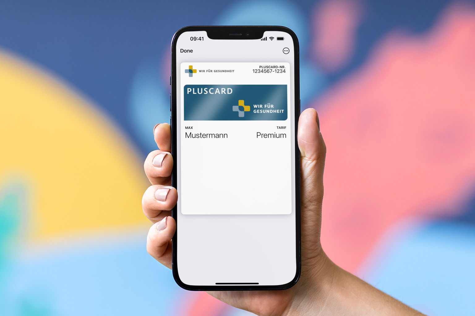 Wir für Gesundheit PlusCard auf einem iPhone in Apple Wallet