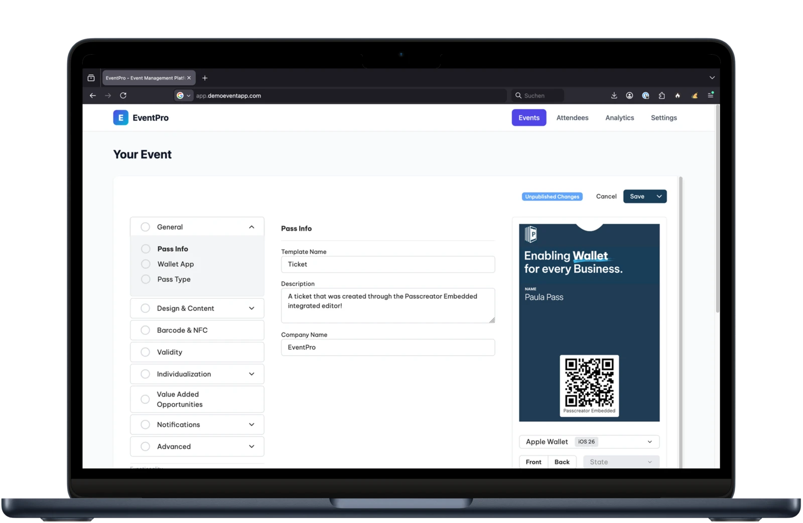 Wallet-Editor eingebunden in einer SaaS-Anwendung