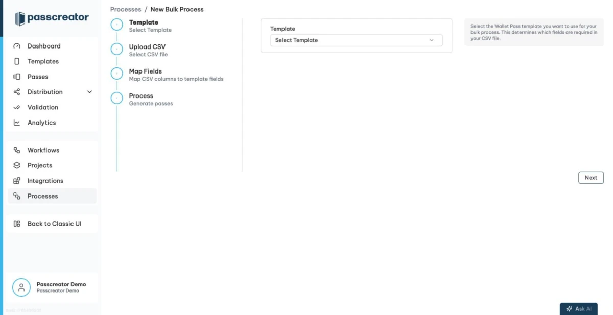 The first step of the bulk processing wizard