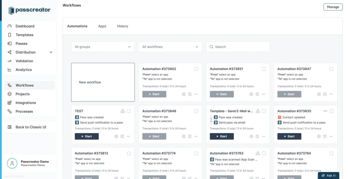 The Workflows page with the embedded builder