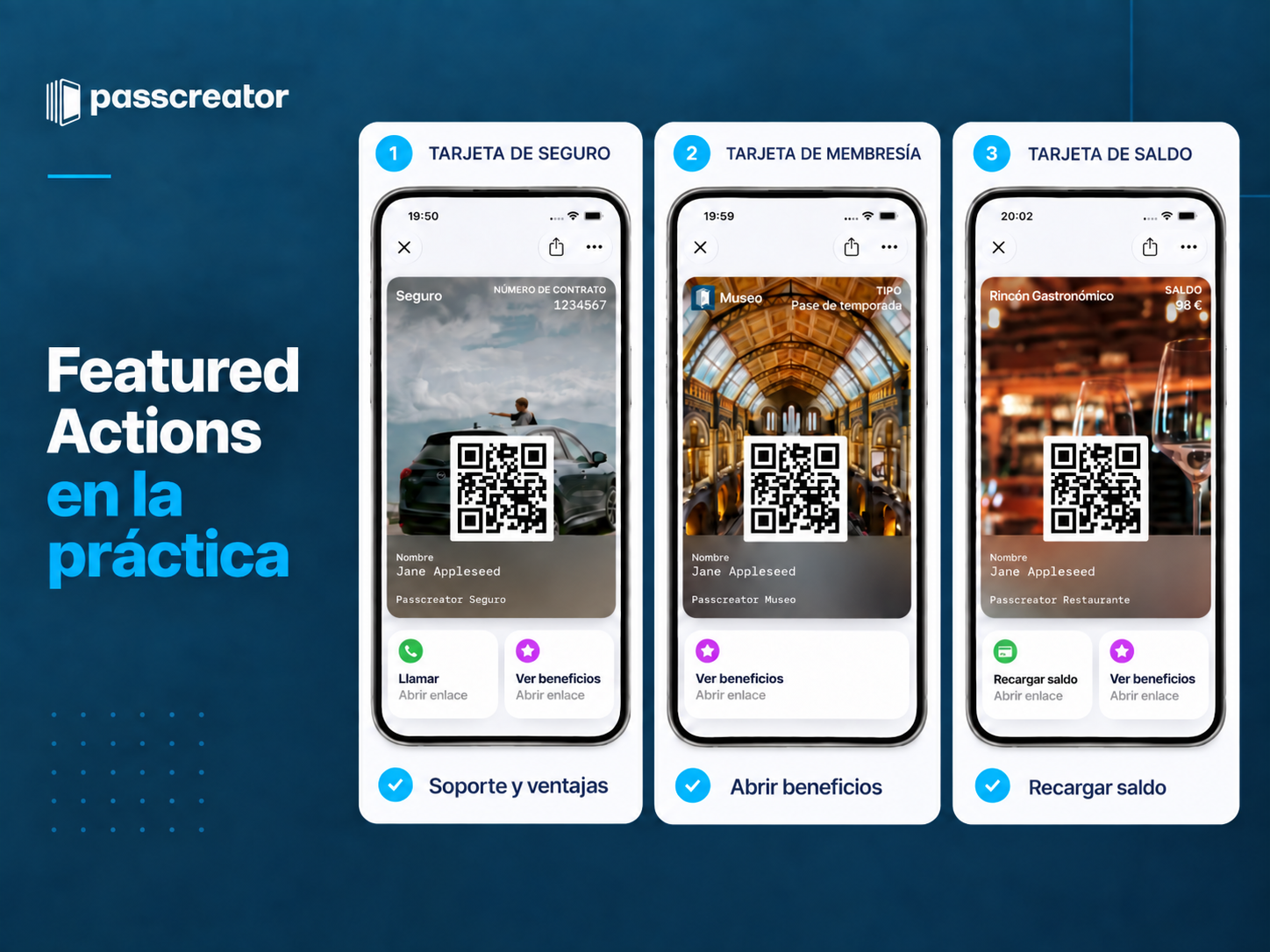 Featured Actions en la práctica Tres pases de Apple Wallet con Featured Actions visibles directamente