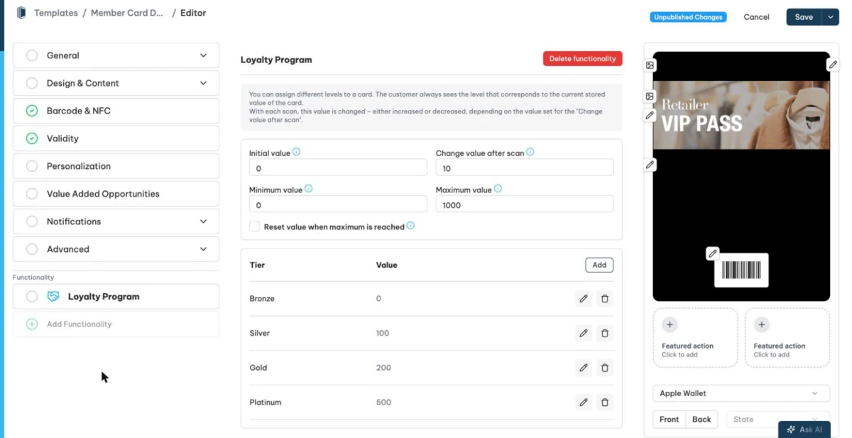 The loyalty program settings in the template editor with tiers and values.