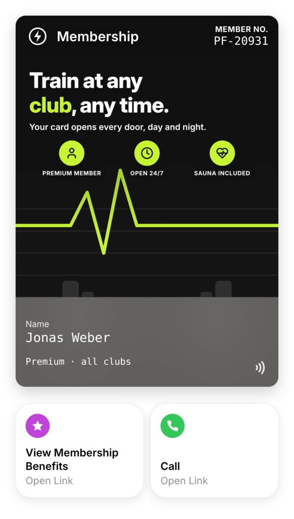 Mockup Peak Fitness Membership (Apple Wallet) karte-actions
