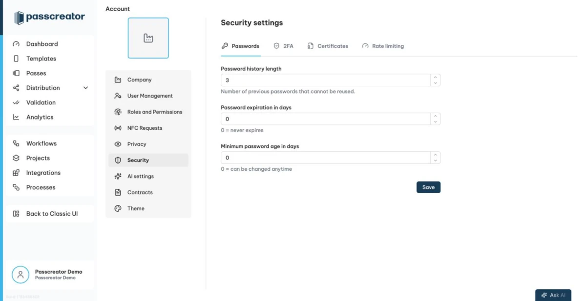Security settings in the Account area