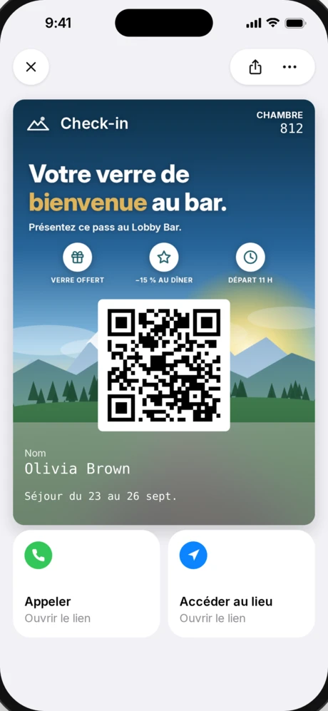 Pass check-in YourHotel avec boisson de bienvenue dans Apple Wallet
