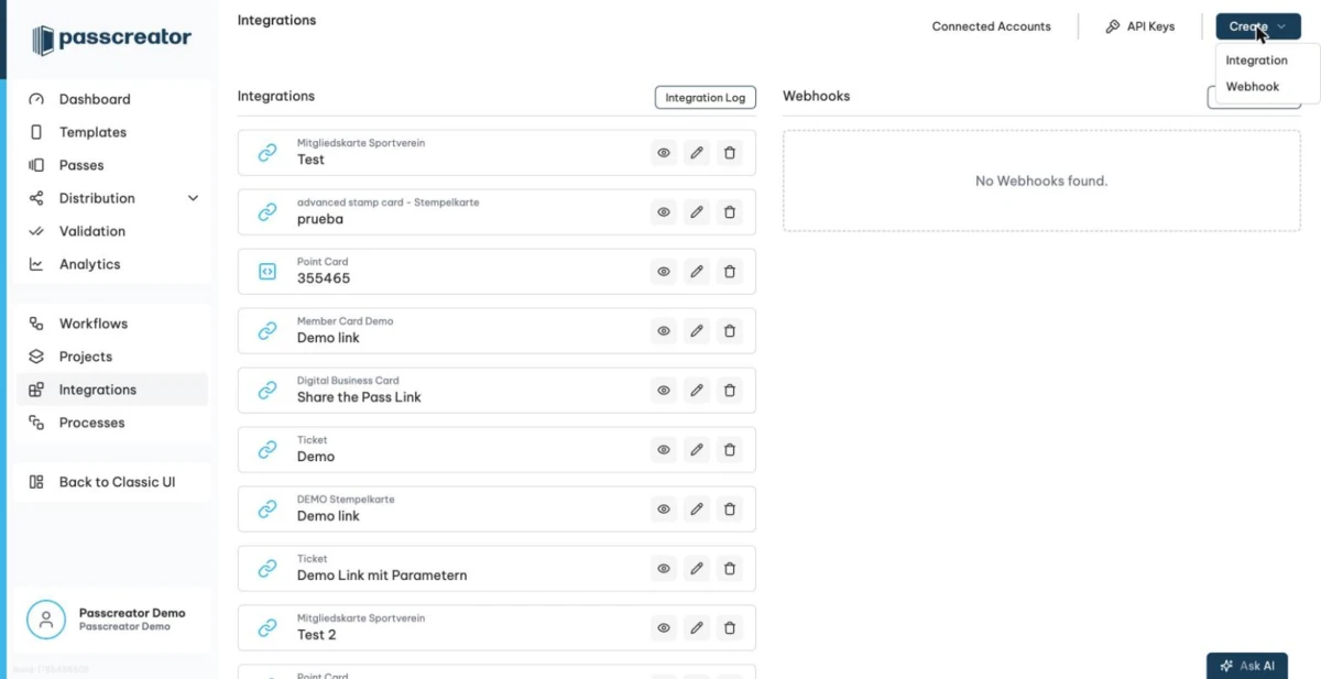 The Create menu on the Integrations page.