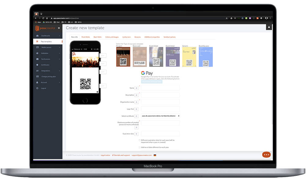 Der Editor von Passcreator im Browser
