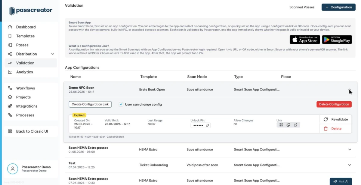 An expanded app configuration with its configuration link details