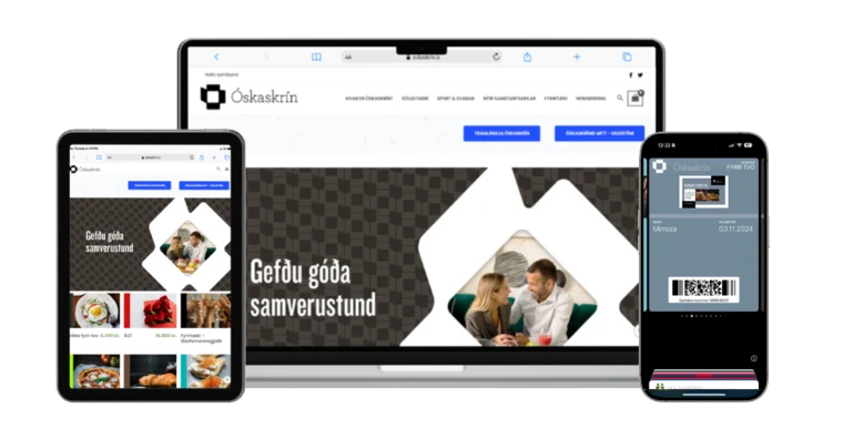 Óskaskrín experience gift card on a laptop, tablet and phone