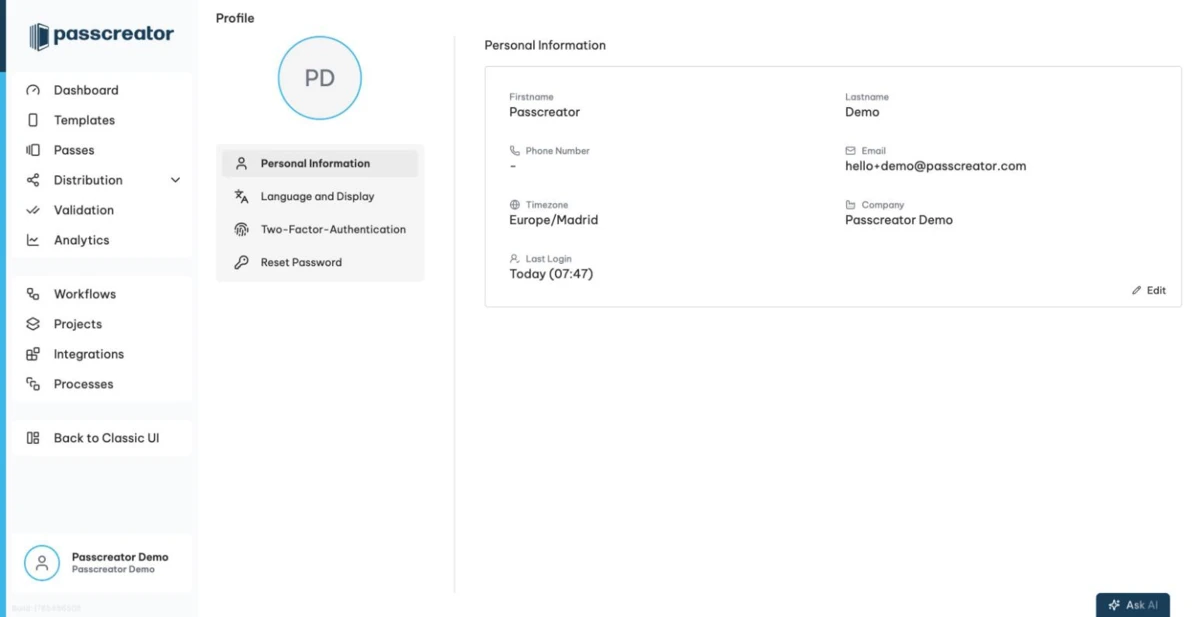 Profile page showing the personal information overview