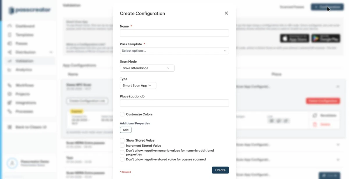 The Create Configuration modal with the Additional Properties section