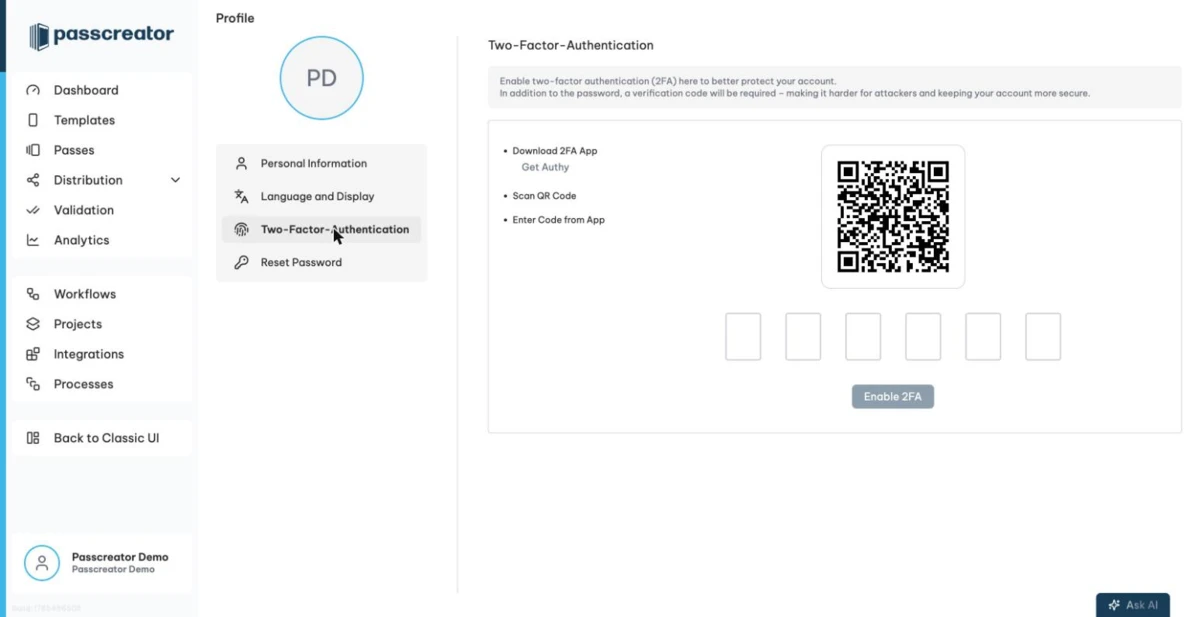 Two factor authentication setup on the Profile page