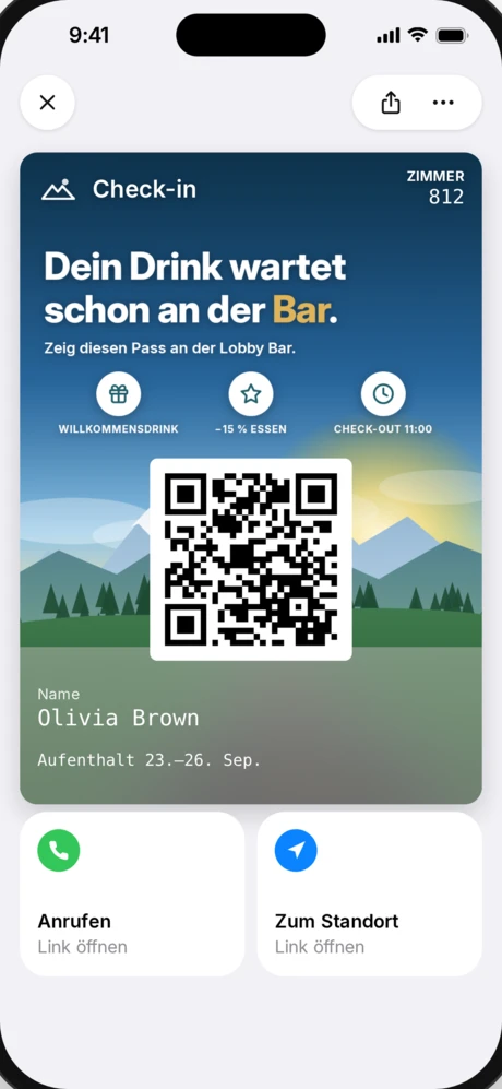 YourHotel Check-in-Pass mit Willkommensdrink in Apple Wallet