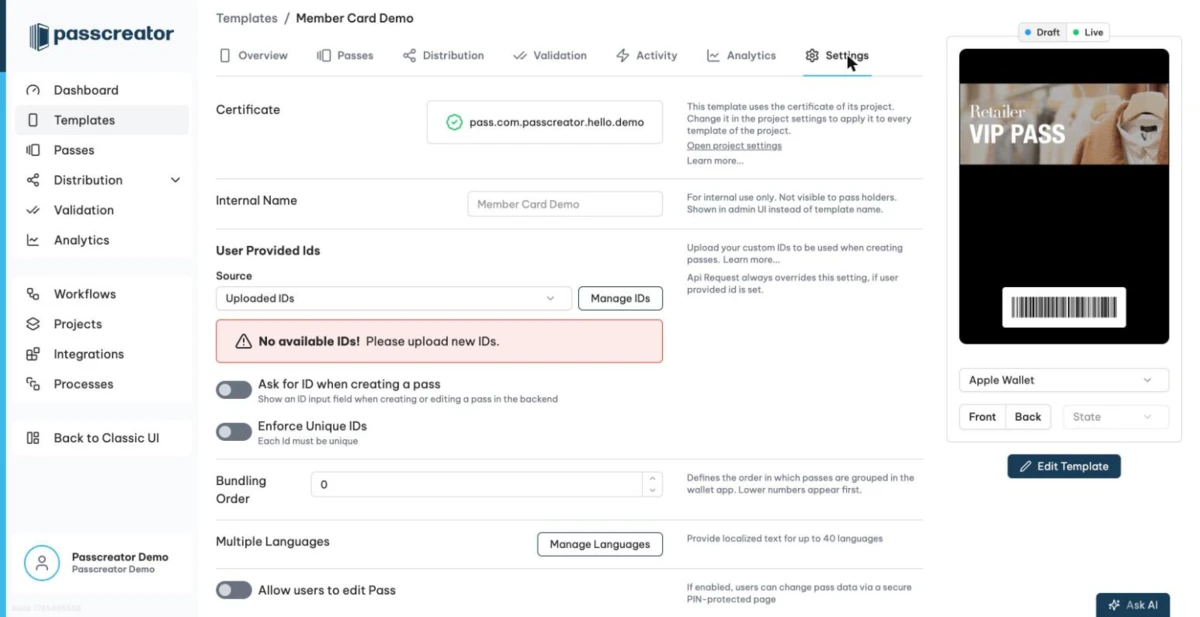 The template settings with the User Provided Ids section.