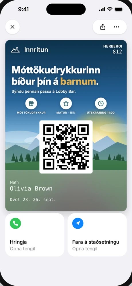 Innritunarpassi YourHotel með móttökudrykk í Apple Wallet