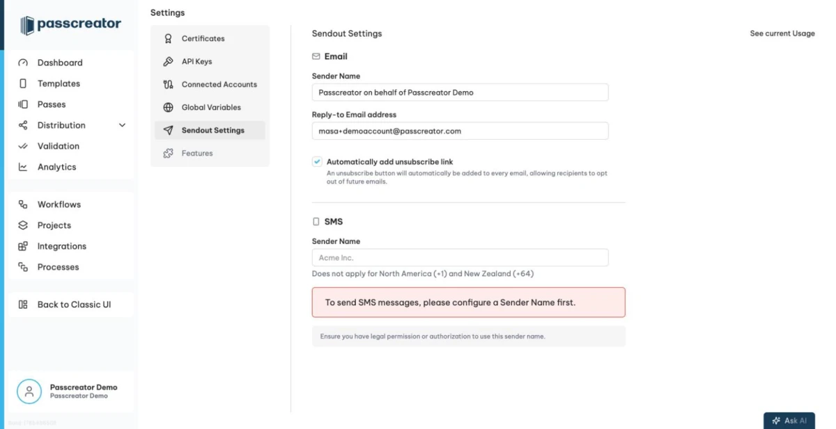 Sendout settings with email and SMS sections