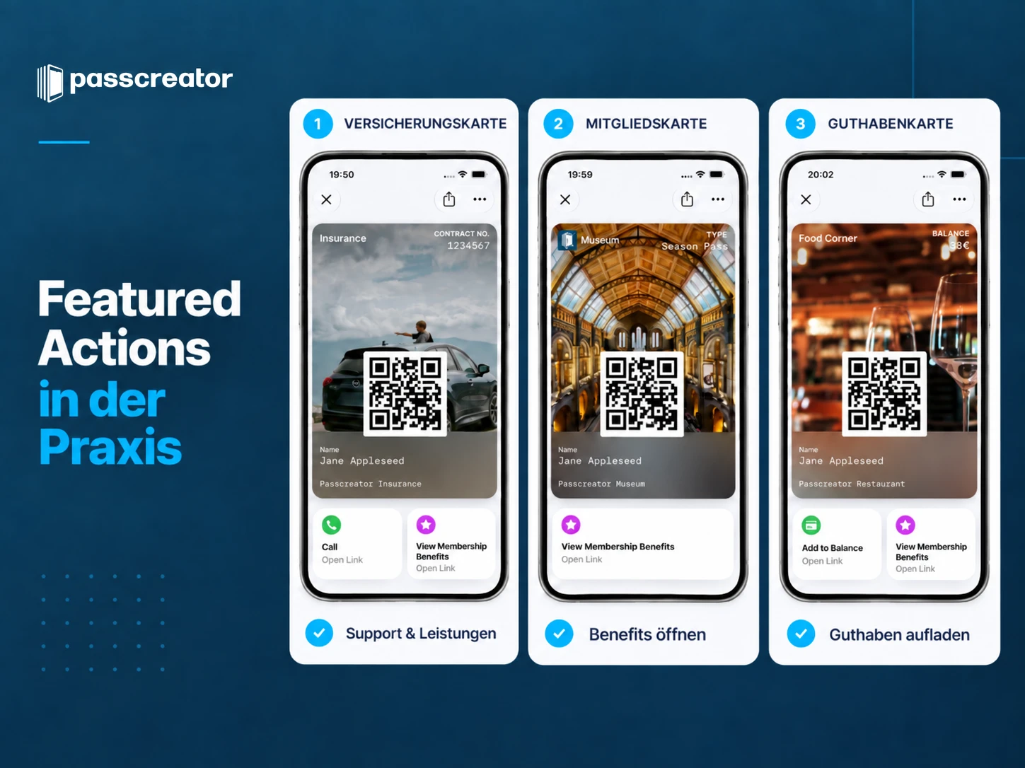Featured Actions in der Praxis Drei Apple-Wallet-Pässe mit direkt sichtbaren Featured Actions