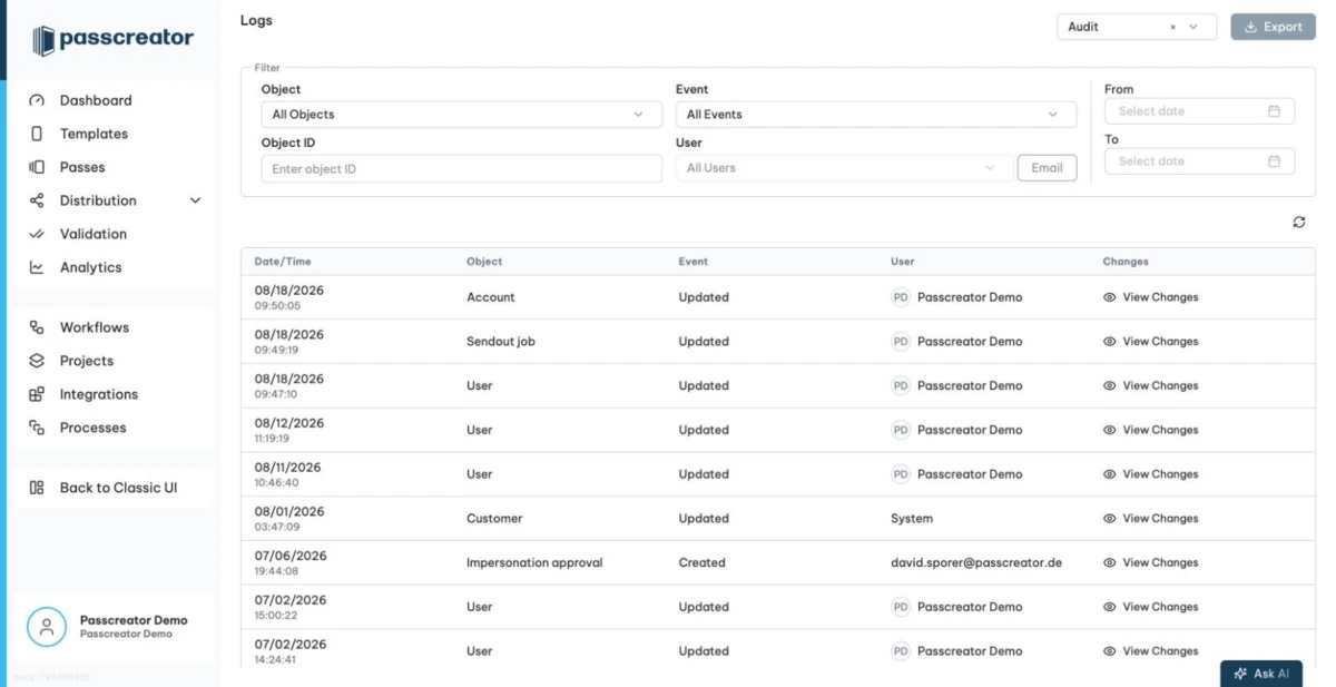 The audit log with filters and change details