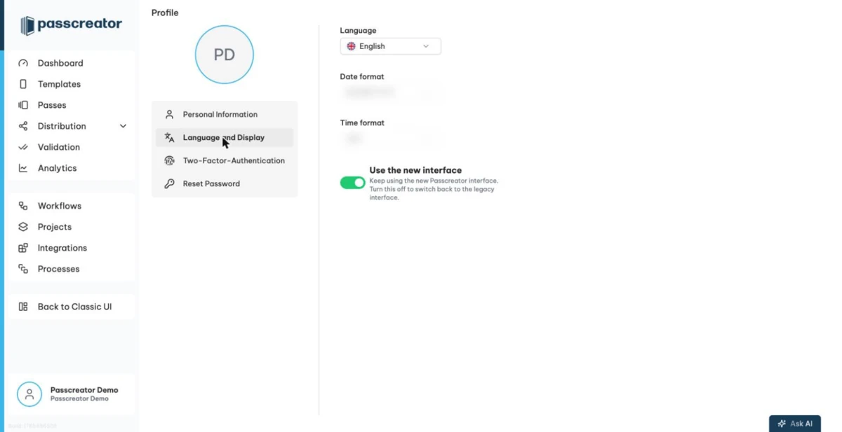 Language and display settings with the language selector