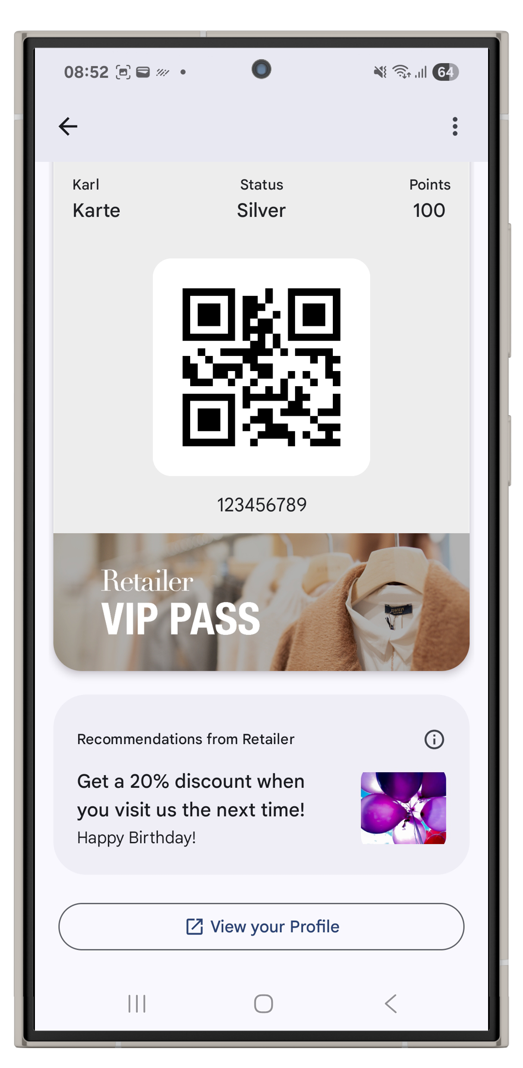 Value Added Opportunities shown below the front of a pass in Google Wallet