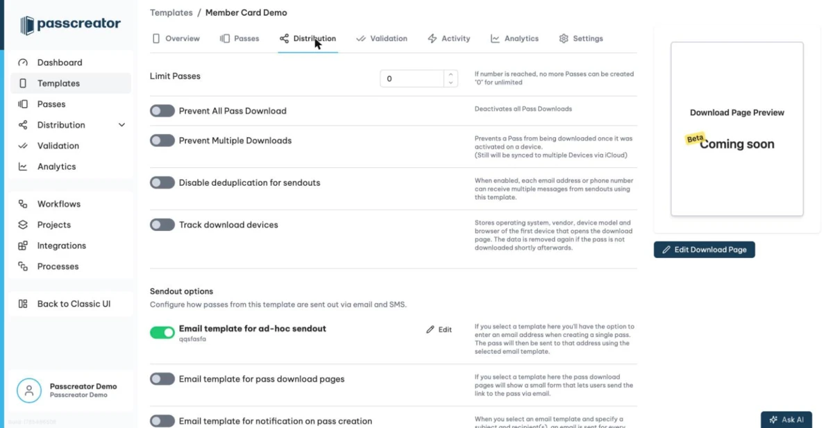 Distribution tab of a template with download page settings