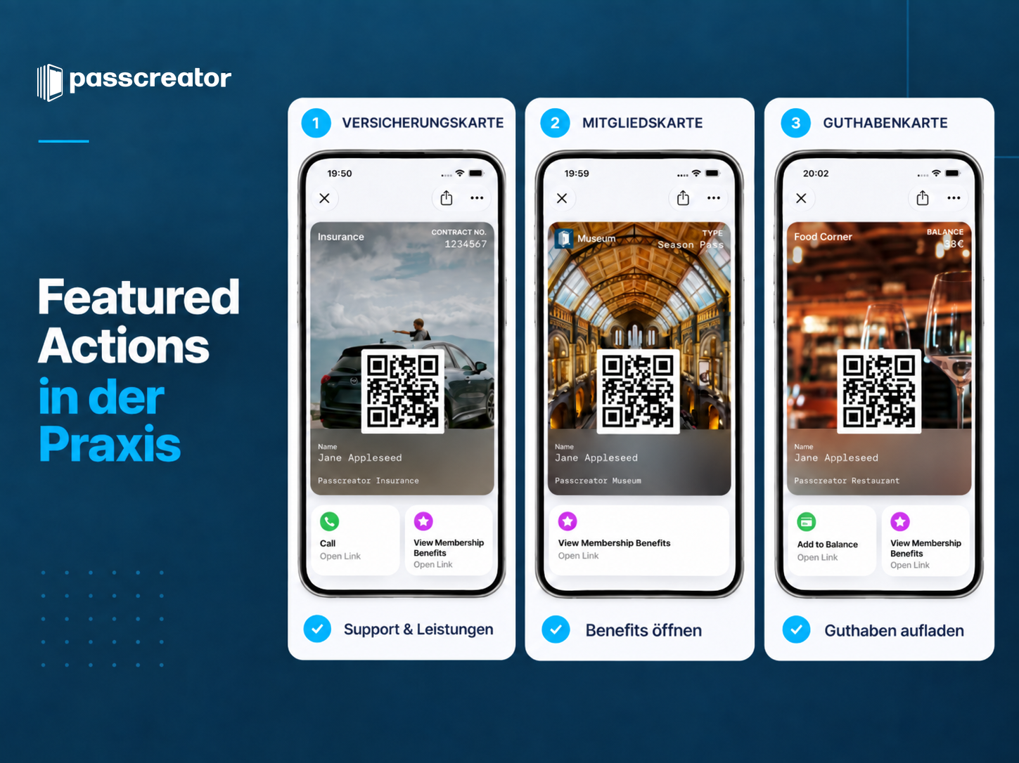 Featured Actions in der Praxis Drei Apple-Wallet-Pässe mit direkt sichtbaren Featured Actions