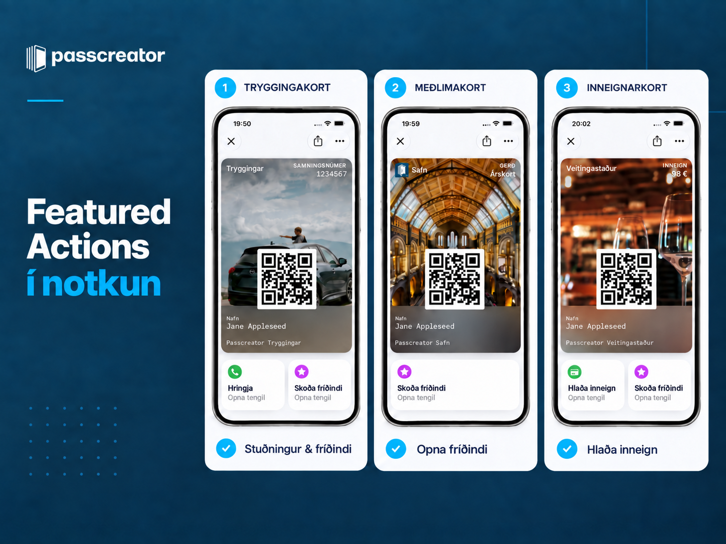 Featured Actions í notkun Þrjú Apple Wallet-kort með Featured Actions sýnilegum beint á kortinu