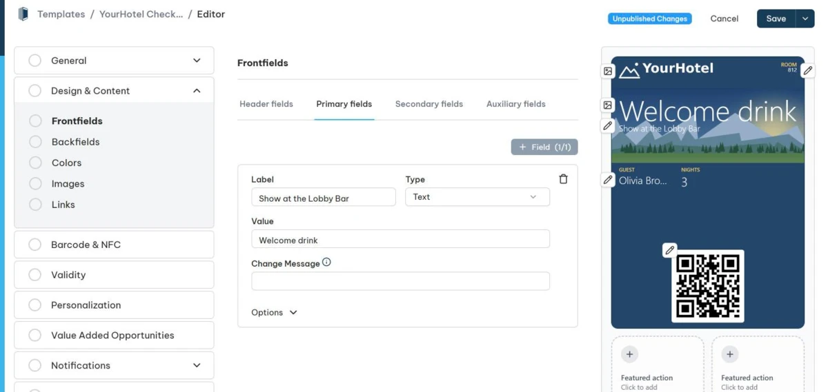 Passcreator Editor mit einer YourHotel Check-in-Wallet-Karte in der Live-Vorschau