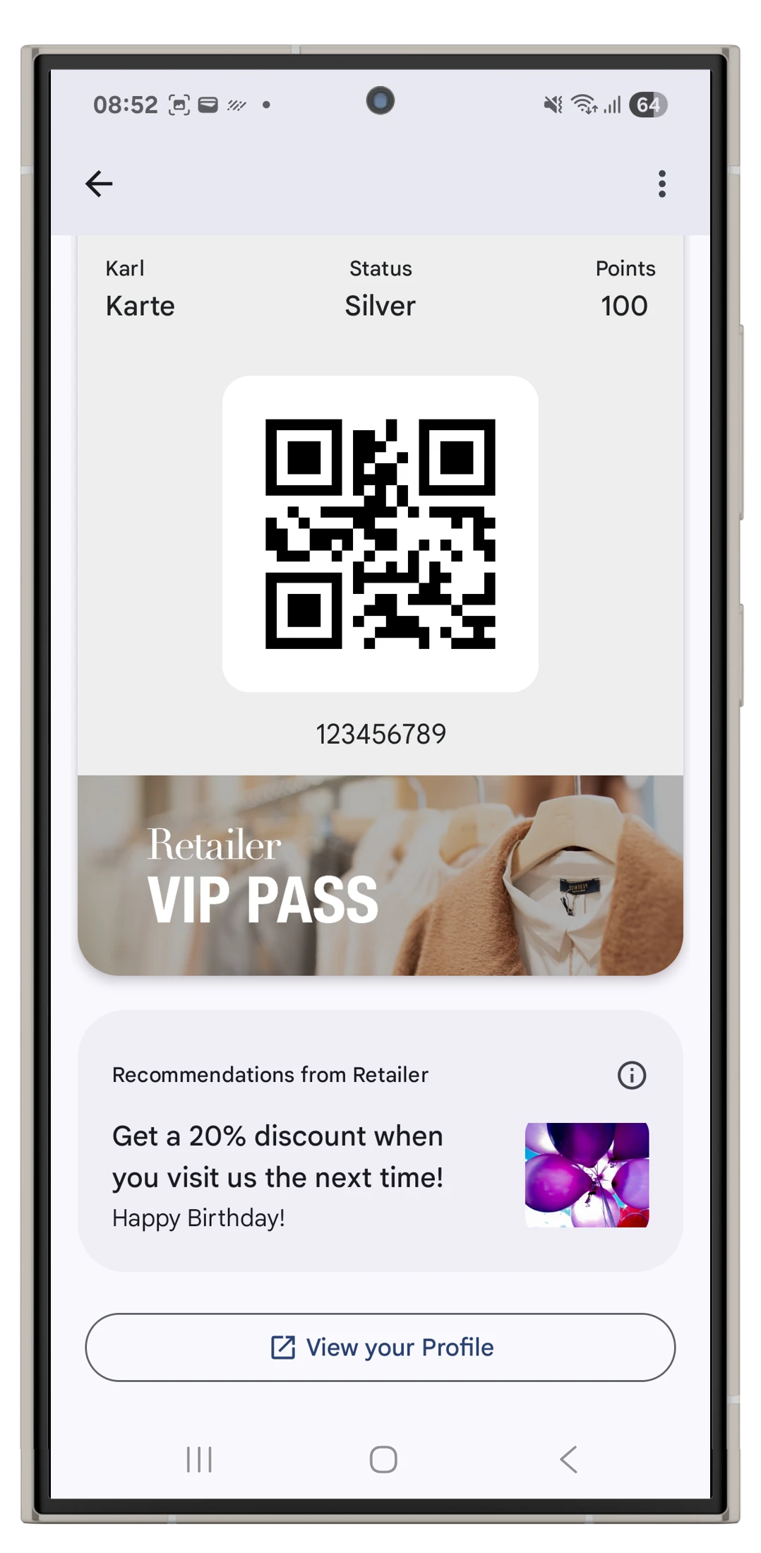 Value Added Opportunities shown below the front of a pass in Google Wallet