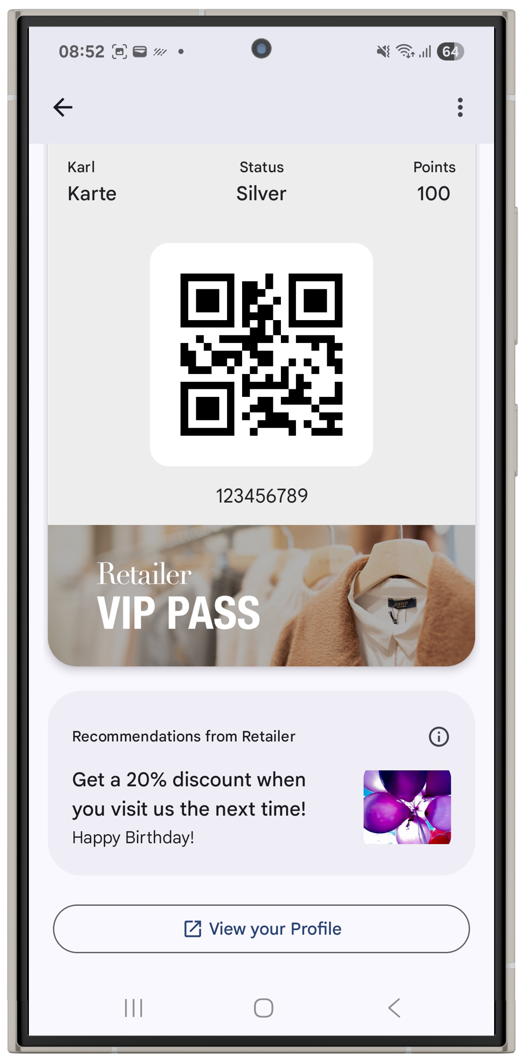 A loyalty pass in Google Wallet