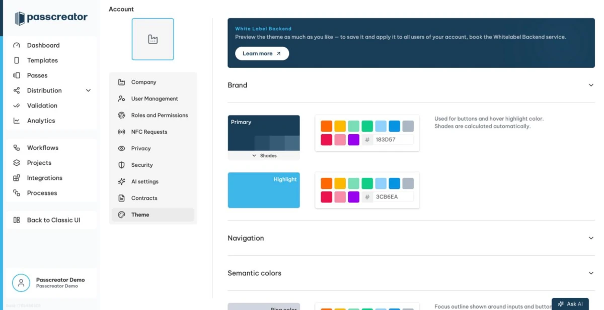 Theme editor in the Account area