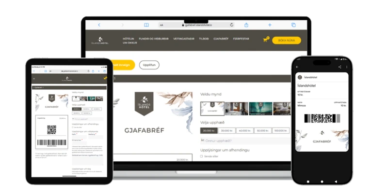 Íslandshótel Geschenkkarte auf Laptop, Tablet und Smartphone